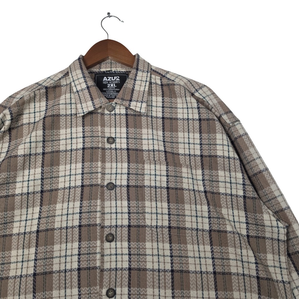 AZUR Mens Plaid Shirt 2XL Tan Navy Textured‎ Cotton Long Sleeve Button Up Big